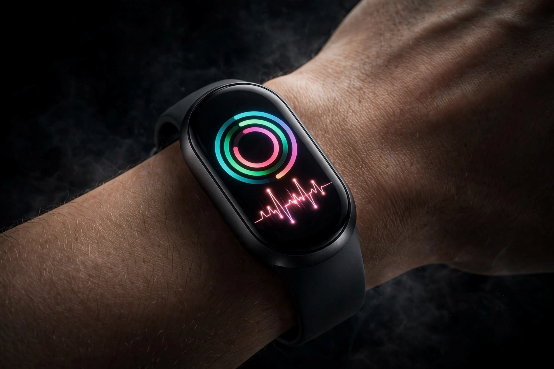 Google Fitbit Edge fitness tracker with AMOLED display showing fitness rings on a wrist